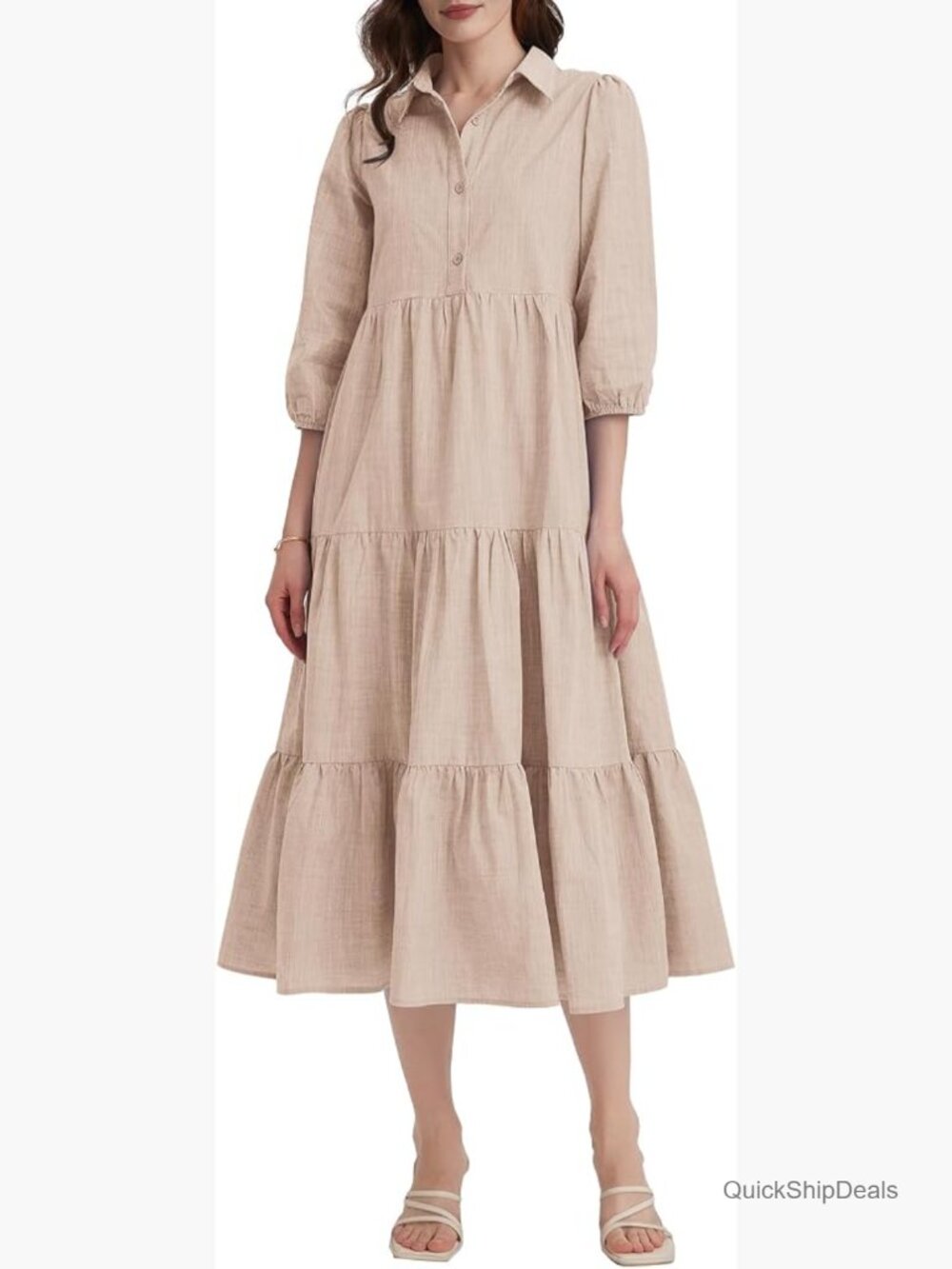Womens 3/4 Sleeve Tiered Maxi Dress Casual Button Down Tie Waist Flowy Midi